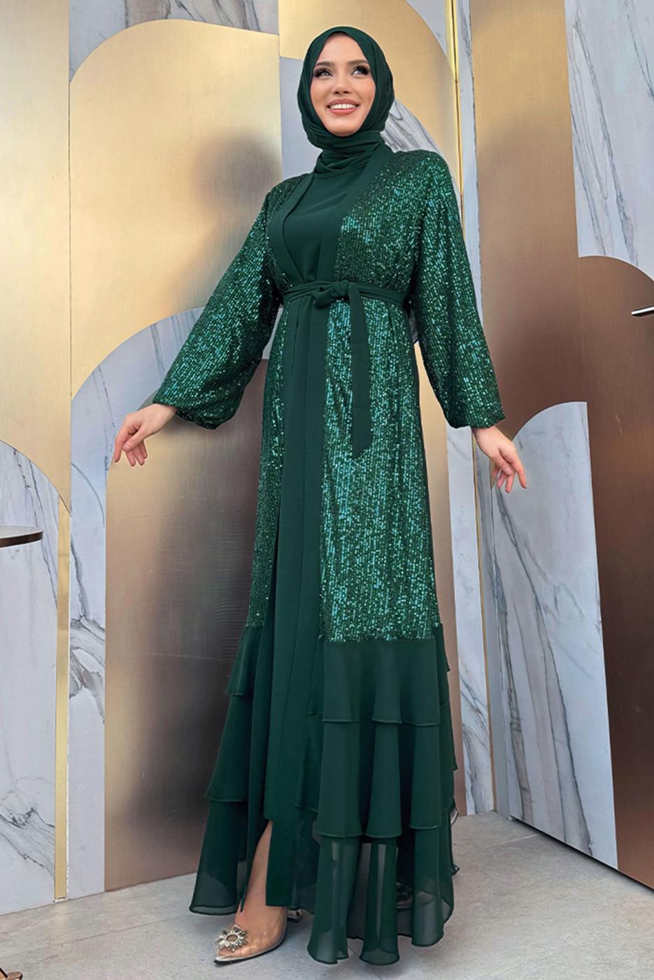 Tesettür giyim YEŞİL PUL PAYETLİ ABİYE ELBİSE TAKIM T 3848