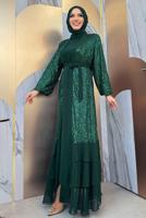 Tesettür giyim YEŞİL PUL PAYETLİ ABİYE ELBİSE TAKIM T 3848