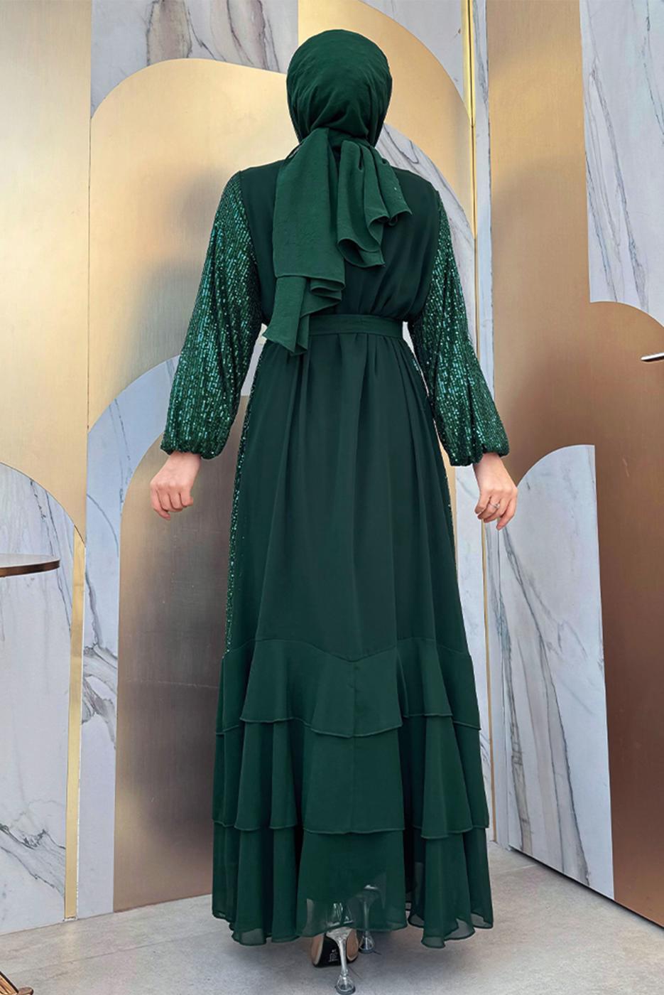 Tesettür giyim YEŞİL PUL PAYETLİ ABİYE ELBİSE TAKIM T 3848