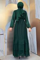 Tesettür giyim YEŞİL PUL PAYETLİ ABİYE ELBİSE TAKIM T 3848