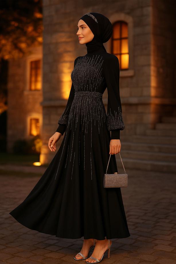 Hijab clothing BLACK GEM EMBROIDERED MODEST EVENING DRESS T 3853 - TRENDTESETTÜR