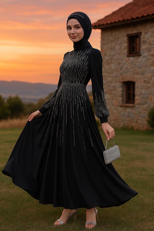 Hijab clothing BLACK GEM EMBROIDERED MODEST EVENING DRESS T 3853 - TRENDTESETTÜR