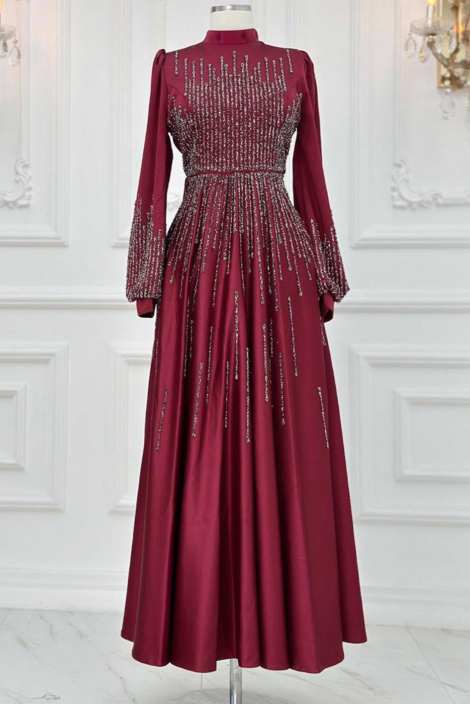 Hijab clothing CLARET RED GEM EMBROIDERED MODEST EVENING DRESS T 3853