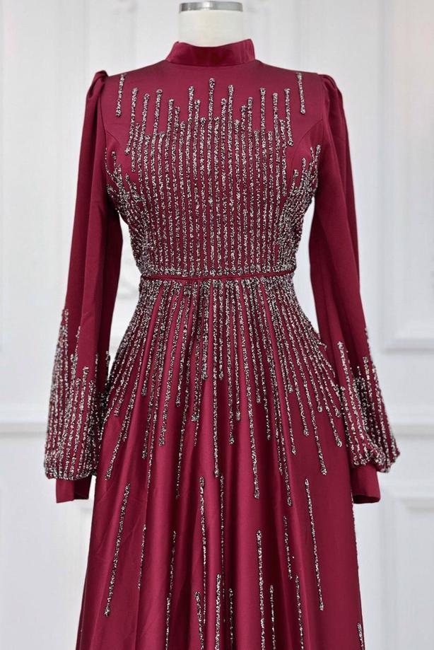 Hijab clothing CLARET RED GEM EMBROIDERED MODEST EVENING DRESS T 3853 - TRENDTESETTÜR
