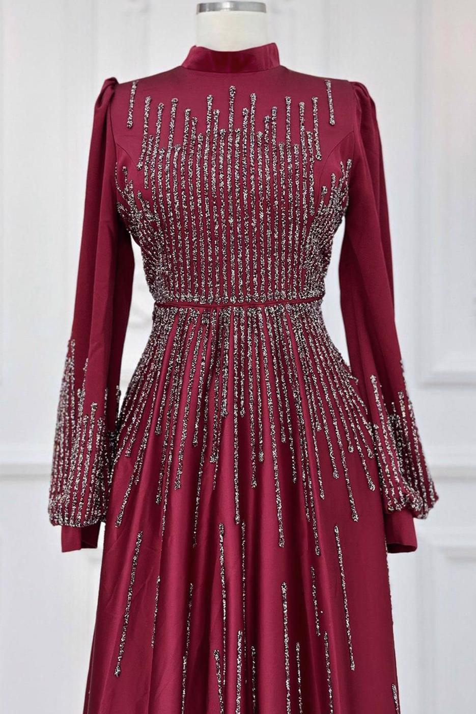 Hijab clothing CLARET RED GEM EMBROIDERED MODEST EVENING DRESS T 3853