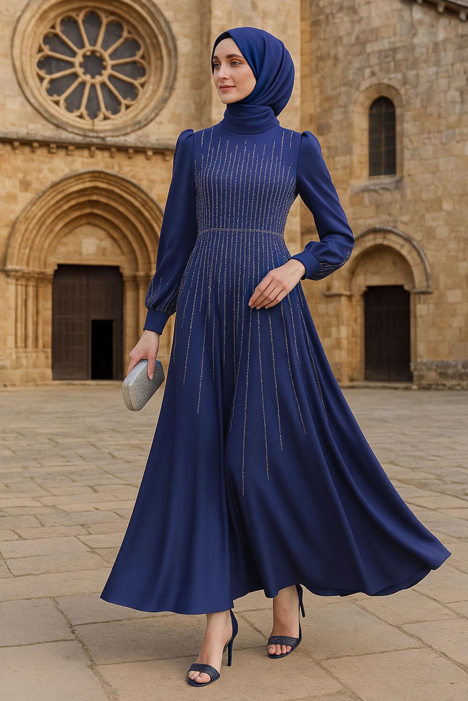 Hijab clothing NAVY BLUE GEM EMBROIDERED MODEST EVENING DRESS T 3853