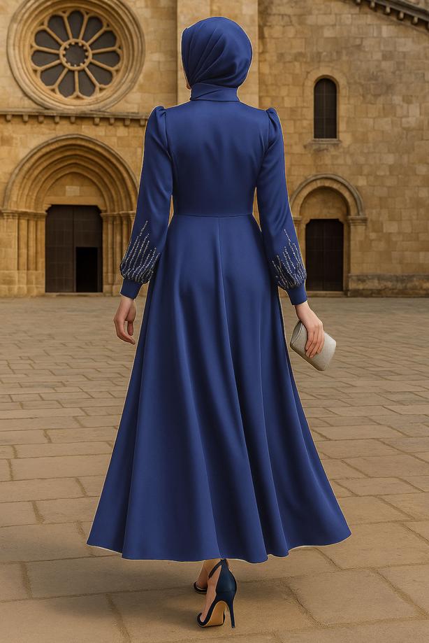 Hijab clothing NAVY BLUE GEM EMBROIDERED MODEST EVENING DRESS T 3853 - TRENDTESETTÜR