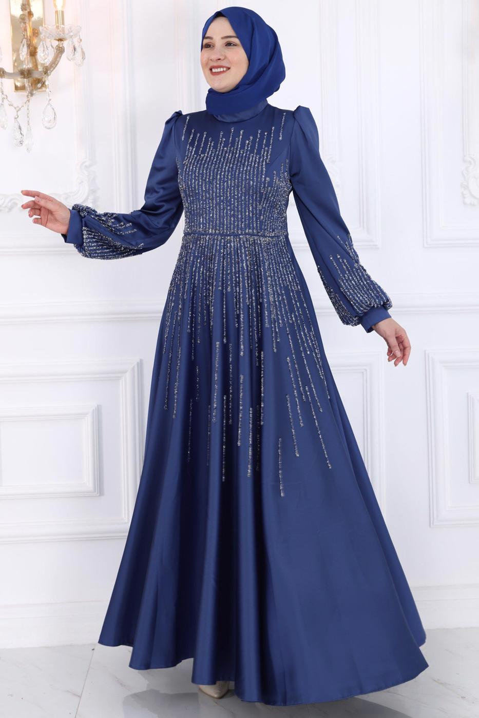 Hijab clothing NAVY BLUE GEM EMBROIDERED MODEST EVENING DRESS T 3853
