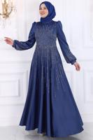 Hijab clothing NAVY BLUE GEM EMBROIDERED MODEST EVENING DRESS T 3853