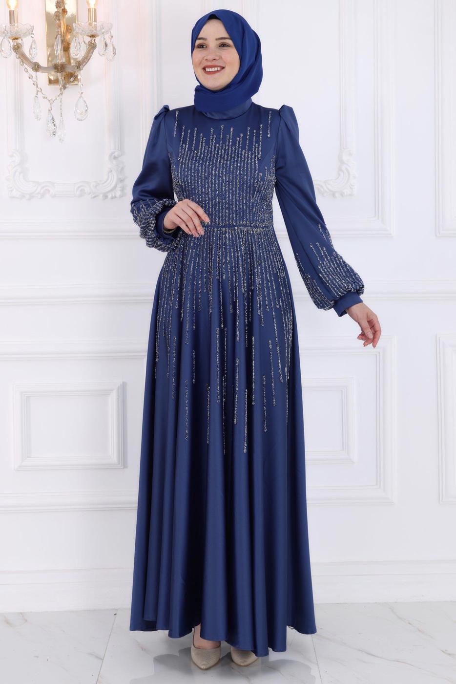 Hijab clothing NAVY BLUE GEM EMBROIDERED MODEST EVENING DRESS T 3853