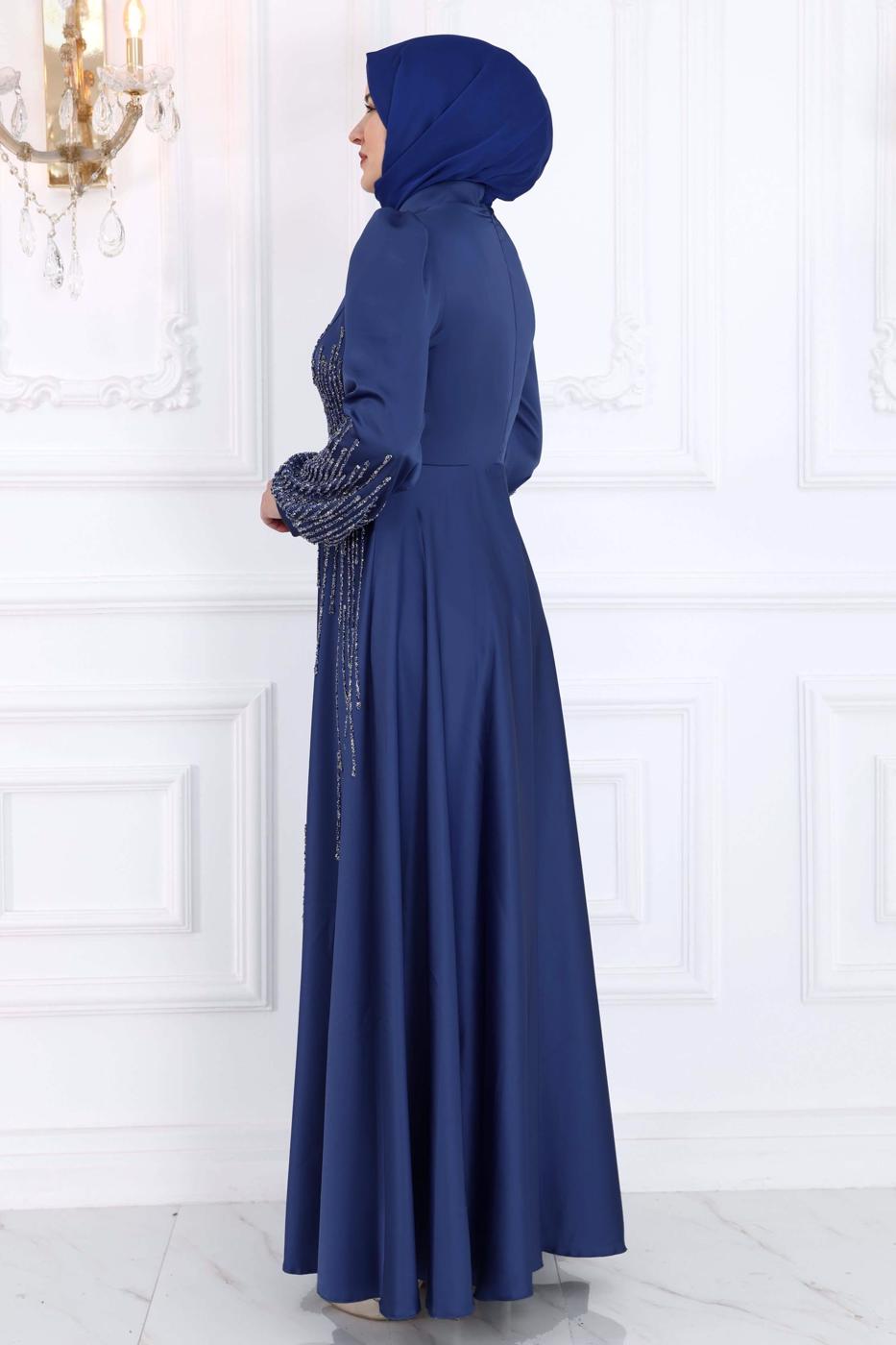 Hijab clothing NAVY BLUE GEM EMBROIDERED MODEST EVENING DRESS T 3853