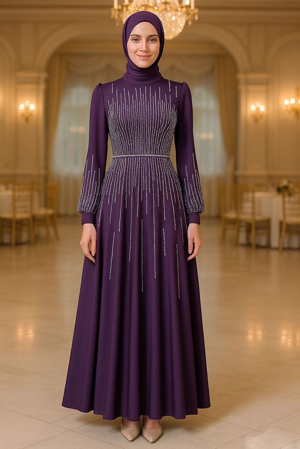 Hijab clothing PLUM GEM EMBROIDERED MODEST EVENING DRESS T 3853 - TRENDTESETTÜR