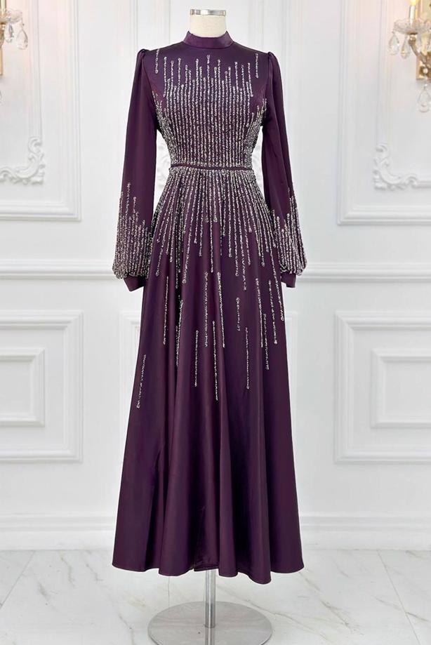 Hijab clothing PLUM GEM EMBROIDERED MODEST EVENING DRESS T 3853 - TRENDTESETTÜR