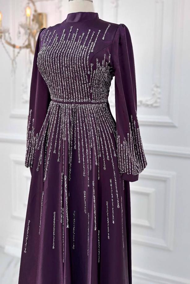 Hijab clothing PLUM GEM EMBROIDERED MODEST EVENING DRESS T 3853 - TRENDTESETTÜR