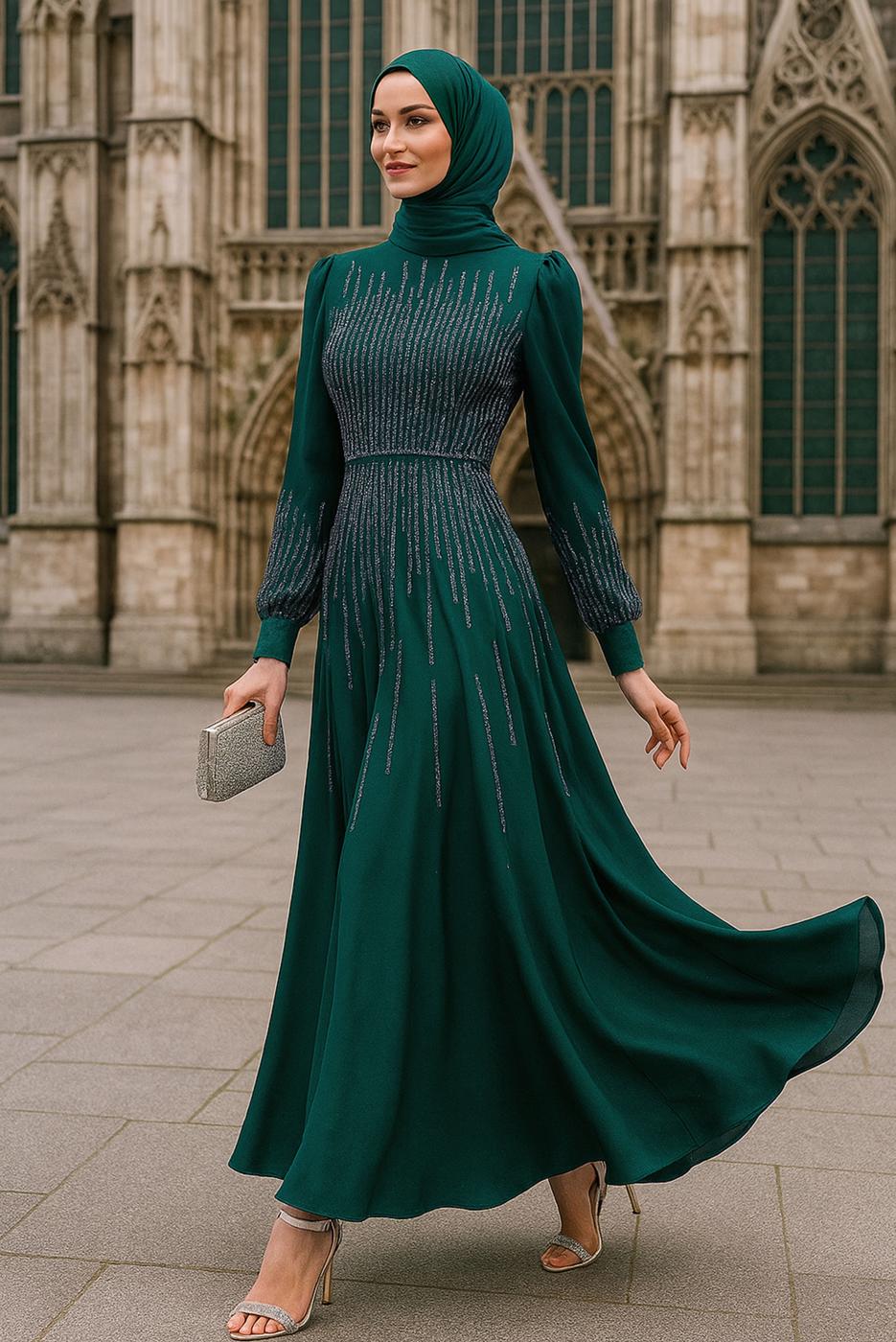 Hijab clothing GREEN GEM EMBROIDERED MODEST EVENING DRESS T 3853