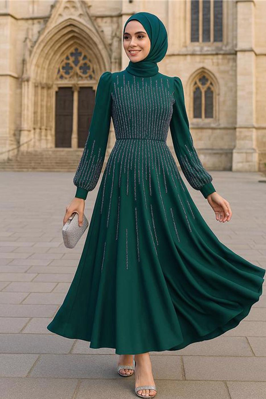Hijab clothing GREEN GEM EMBROIDERED MODEST EVENING DRESS T 3853