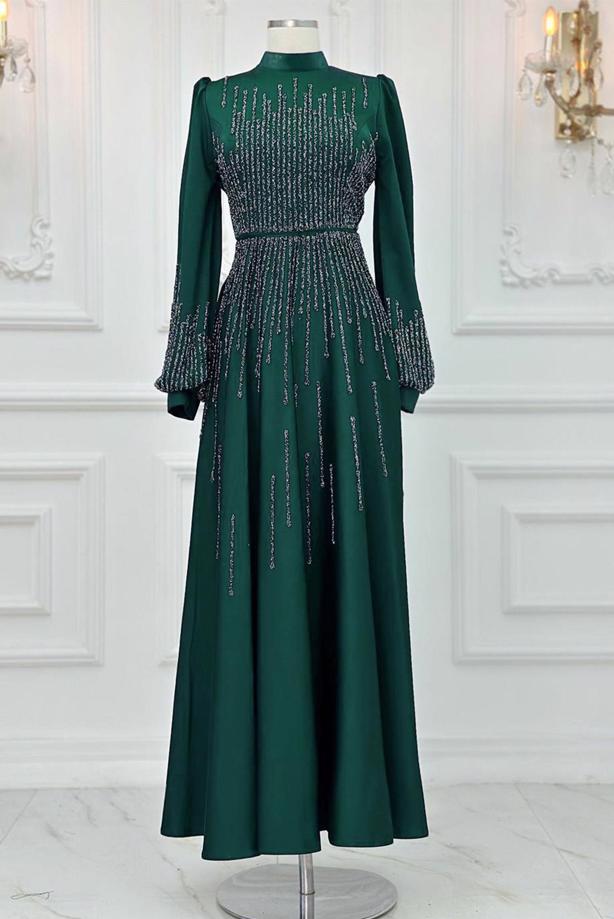 Hijab clothing GREEN GEM EMBROIDERED MODEST EVENING DRESS T 3853 - TRENDTESETTÜR