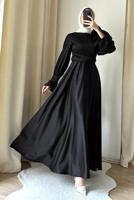 Tesettür giyim SİYAH KUŞAKLI SATEN ABİYE ELBİSE T 3895