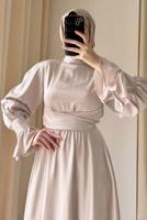 Tesettür giyim BEJ KUŞAKLI SATEN ABİYE ELBİSE T 3895