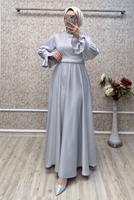 Tesettür giyim GRİ KUŞAKLI SATEN ABİYE ELBİSE T 3895