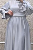 Tesettür giyim GRİ KUŞAKLI SATEN ABİYE ELBİSE T 3895