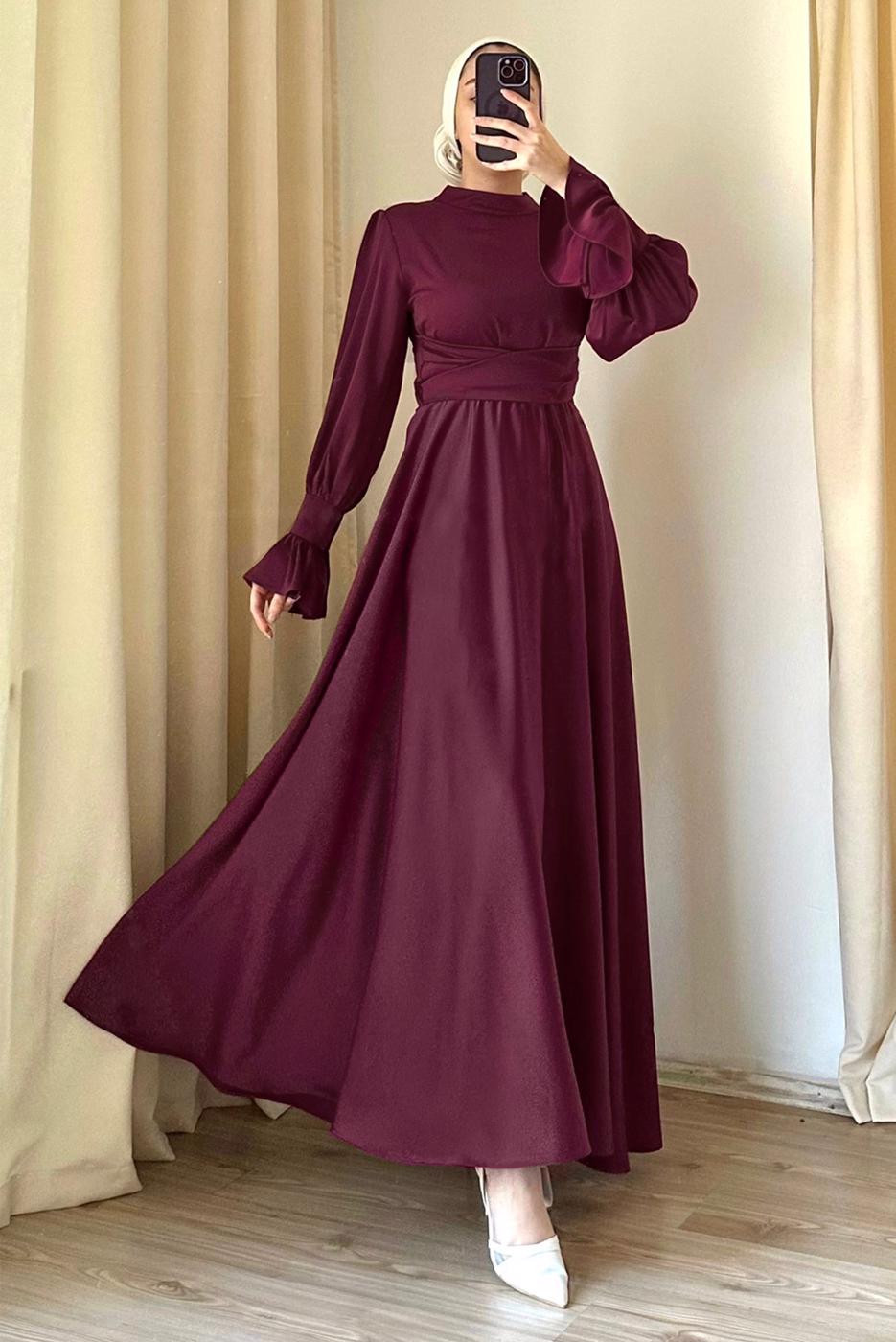 Tesettür giyim MÜRDÜM KUŞAKLI SATEN ABİYE ELBİSE T 3895