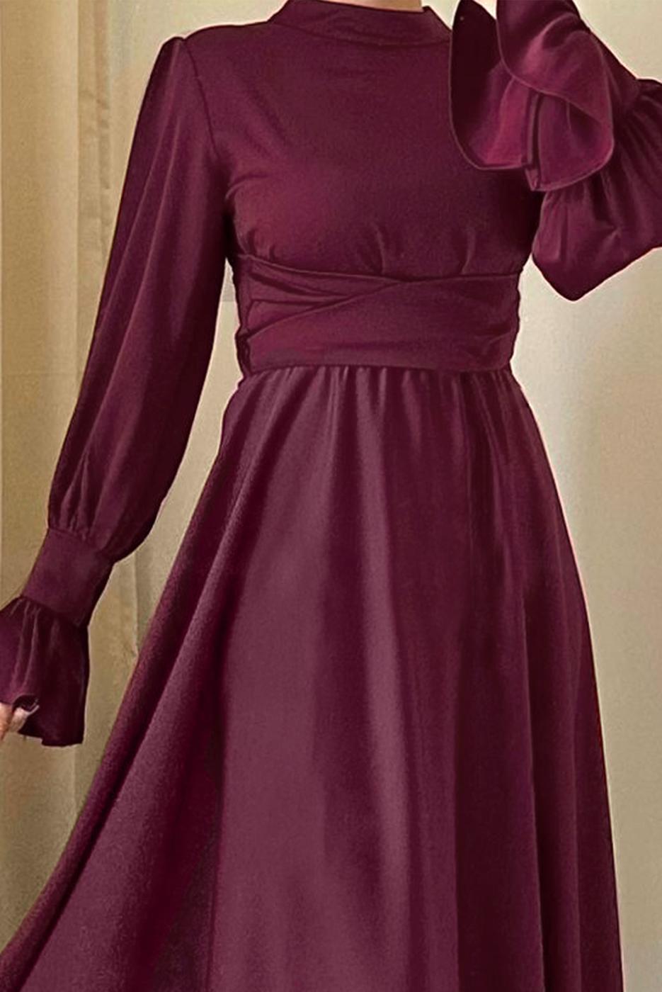 Tesettür giyim MÜRDÜM KUŞAKLI SATEN ABİYE ELBİSE T 3895