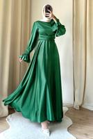 Tesettür giyim YEŞİL KUŞAKLI SATEN ABİYE ELBİSE T 3895