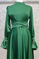 Tesettür giyim YEŞİL KUŞAKLI SATEN ABİYE ELBİSE T 3895