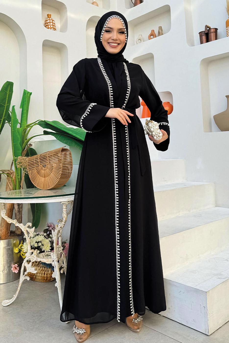 Vêtements hijab NOIR COSTUME ABAYA CEINTURE T 3948