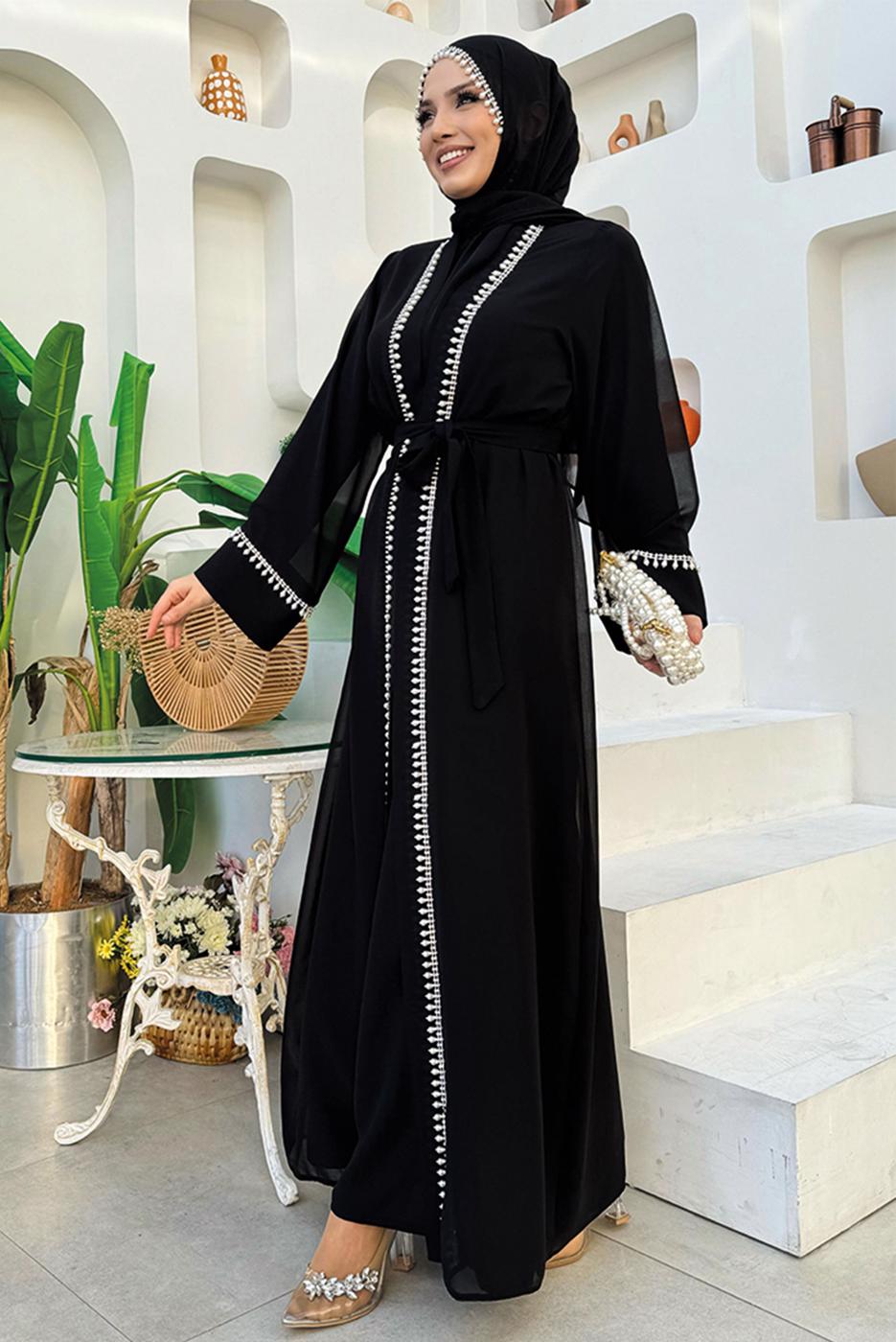 Vêtements hijab NOIR COSTUME ABAYA CEINTURE T 3948