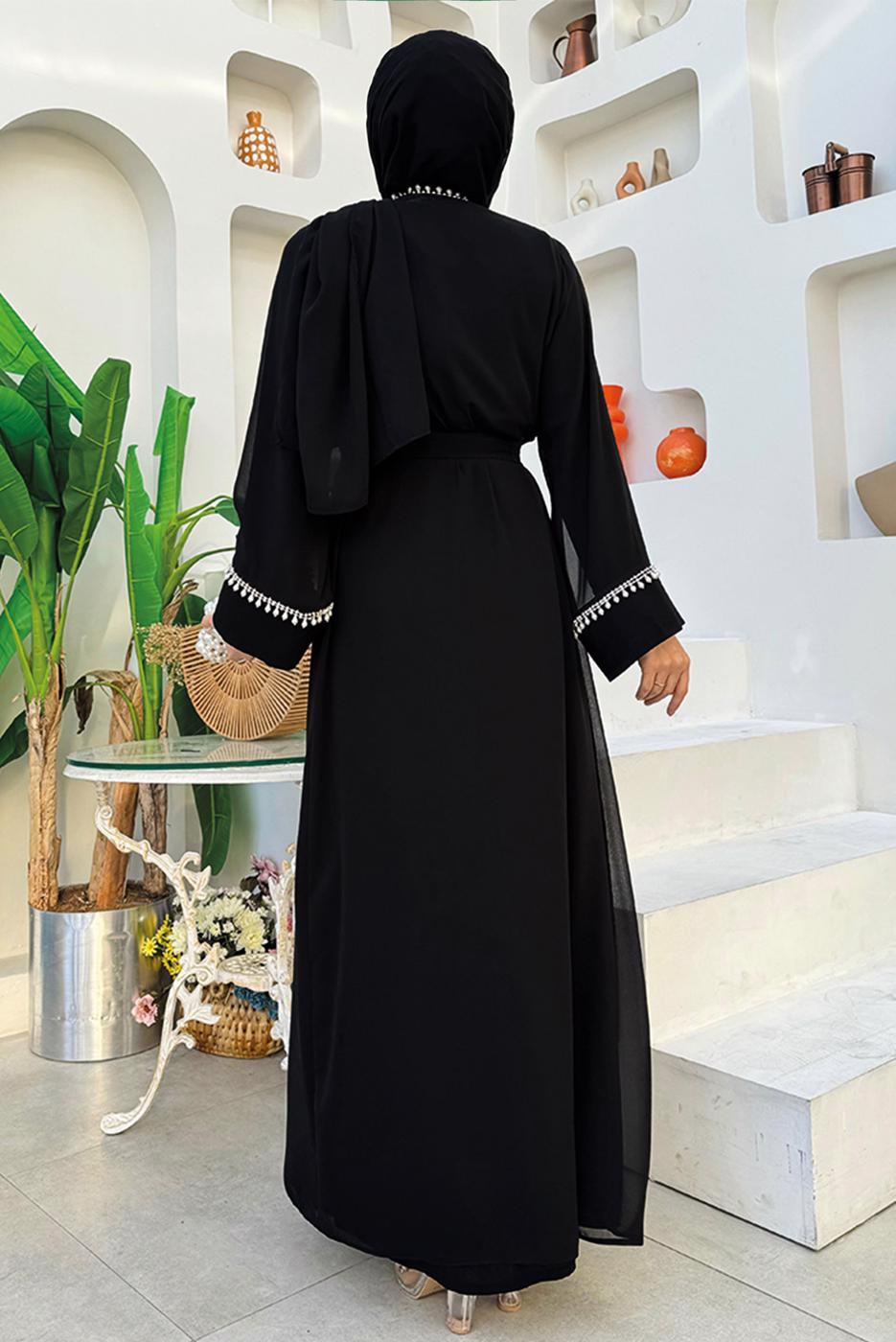 Vêtements hijab NOIR COSTUME ABAYA CEINTURE T 3948