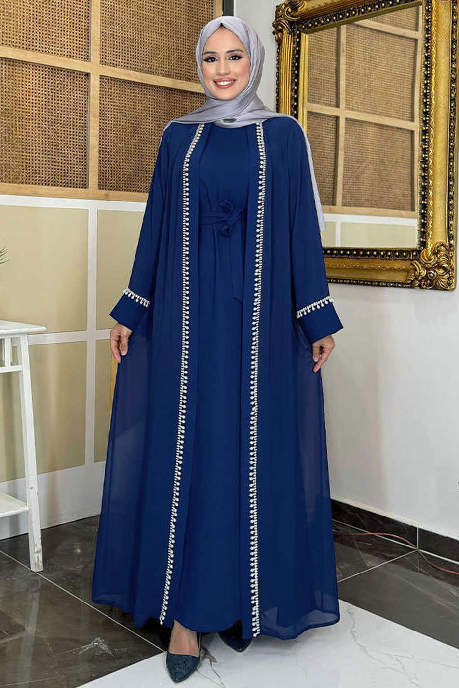 Hijab clothing NAVY BLUE BELTED ABAYA SUIT T 3948