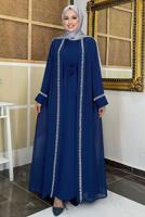 Hijab clothing NAVY BLUE BELTED ABAYA SUIT T 3948