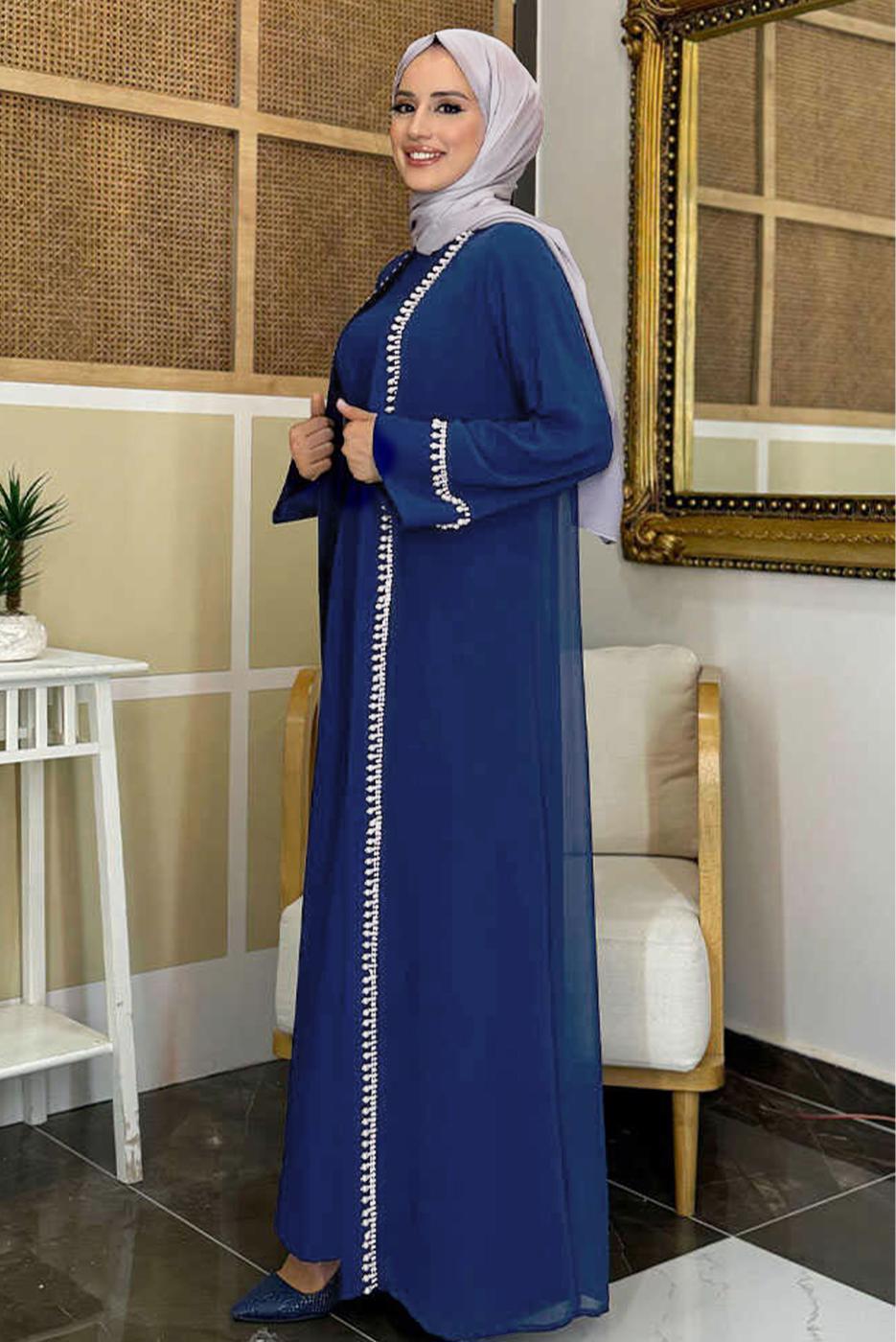 Hijab clothing NAVY BLUE BELTED ABAYA SUIT T 3948
