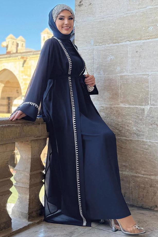 Tesettür giyim LACİVERT KUŞAKLI ABAYA TAKIM T 3948 - TRENDTESETTÜR