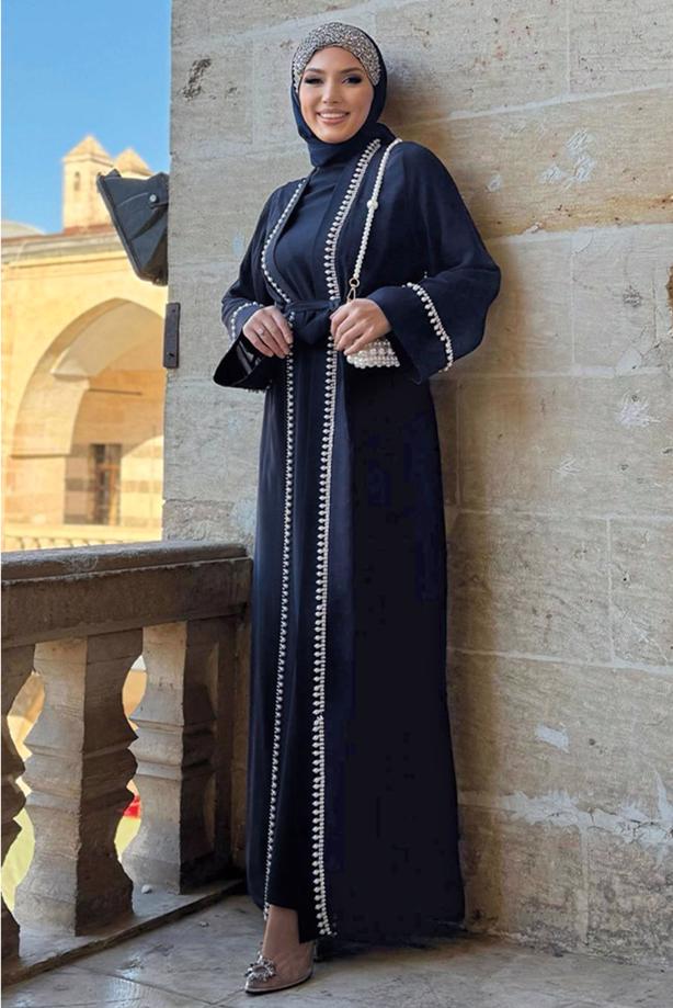 Tesettür giyim LACİVERT KUŞAKLI ABAYA TAKIM T 3948 - TRENDTESETTÜR