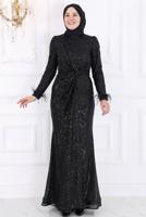 Tesettür giyim SİYAH PUL PAYETLİ TESETTÜR ABİYE ELBİSE T 3953