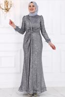 Tesettür giyim GRİ PUL PAYETLİ TESETTÜR ABİYE ELBİSE T 3953