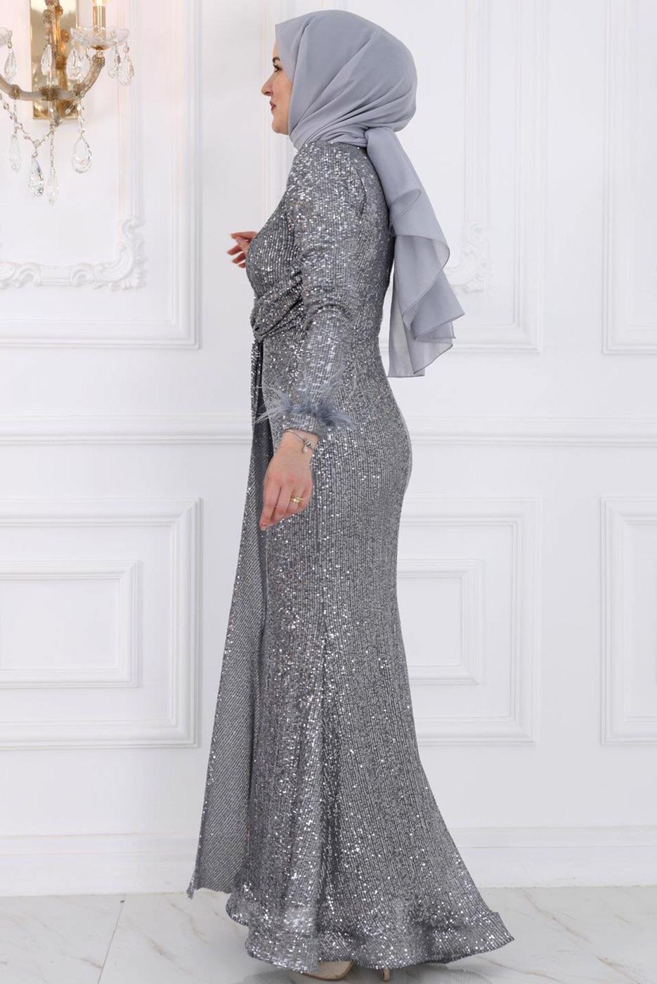 Tesettür giyim GRİ PUL PAYETLİ TESETTÜR ABİYE ELBİSE T 3953