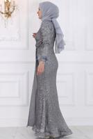 Tesettür giyim GRİ PUL PAYETLİ TESETTÜR ABİYE ELBİSE T 3953