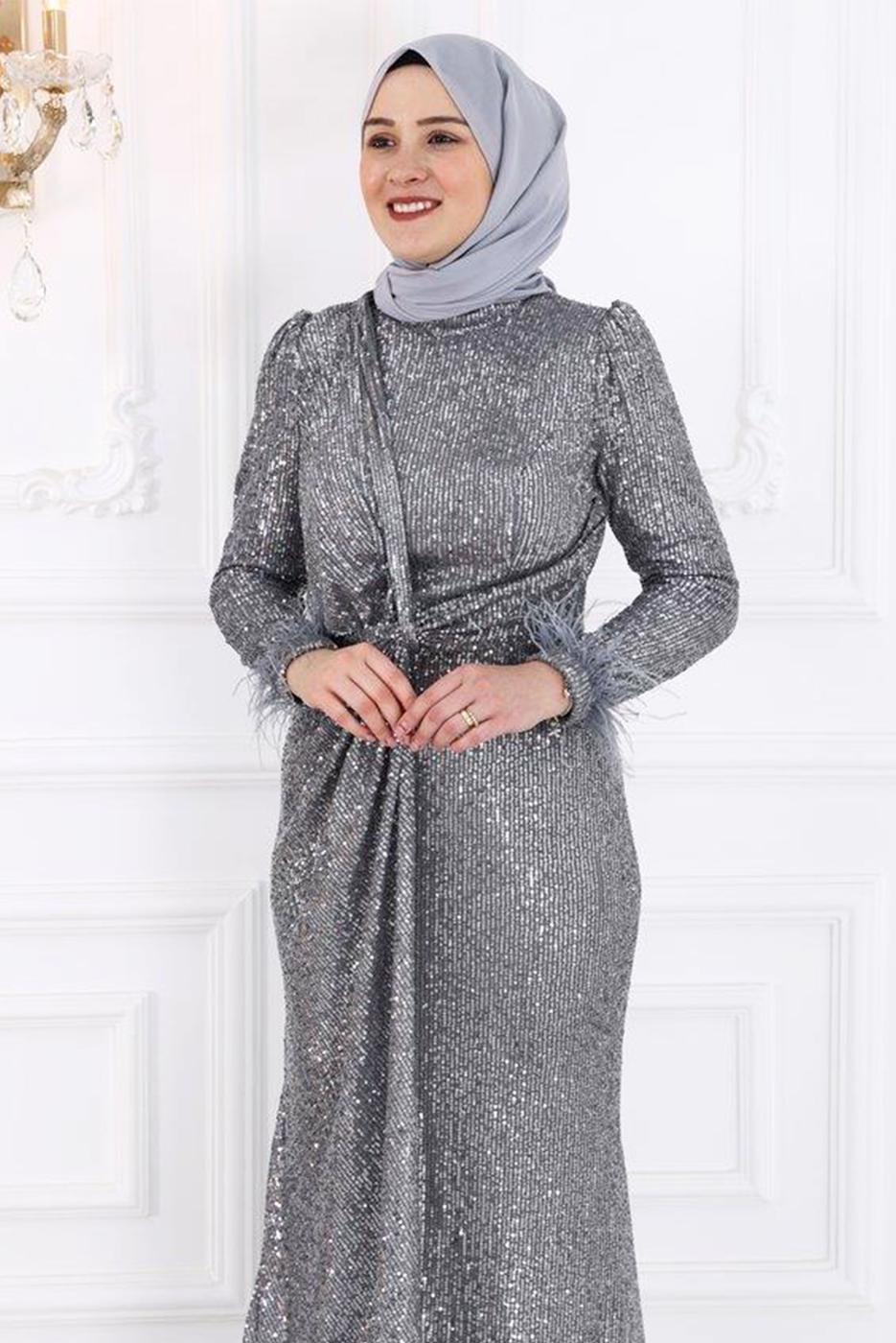 Tesettür giyim GRİ PUL PAYETLİ TESETTÜR ABİYE ELBİSE T 3953