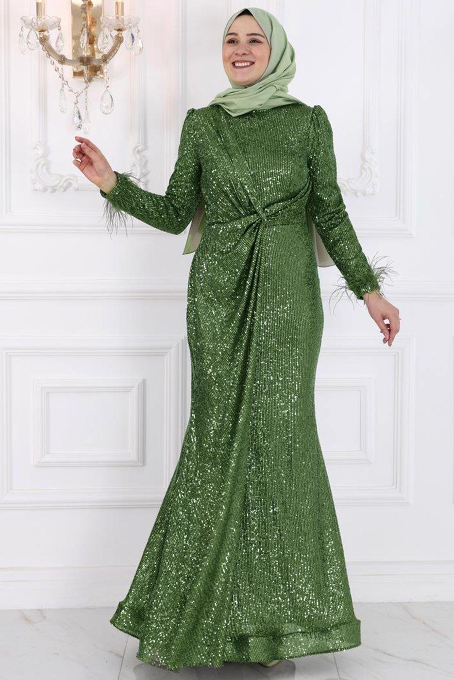 Tesettür giyim HAKİ PUL PAYETLİ TESETTÜR ABİYE ELBİSE T 3953