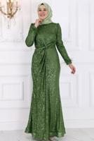 Tesettür giyim HAKİ PUL PAYETLİ TESETTÜR ABİYE ELBİSE T 3953