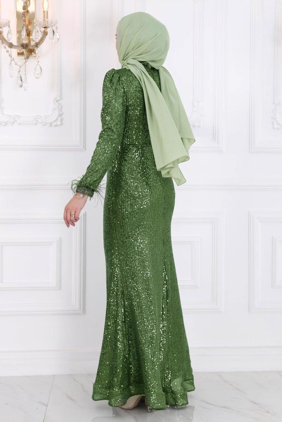 Tesettür giyim HAKİ PUL PAYETLİ TESETTÜR ABİYE ELBİSE T 3953