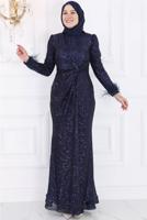 Tesettür giyim LACİVERT PUL PAYETLİ TESETTÜR ABİYE ELBİSE T 3953