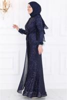 Tesettür giyim LACİVERT PUL PAYETLİ TESETTÜR ABİYE ELBİSE T 3953