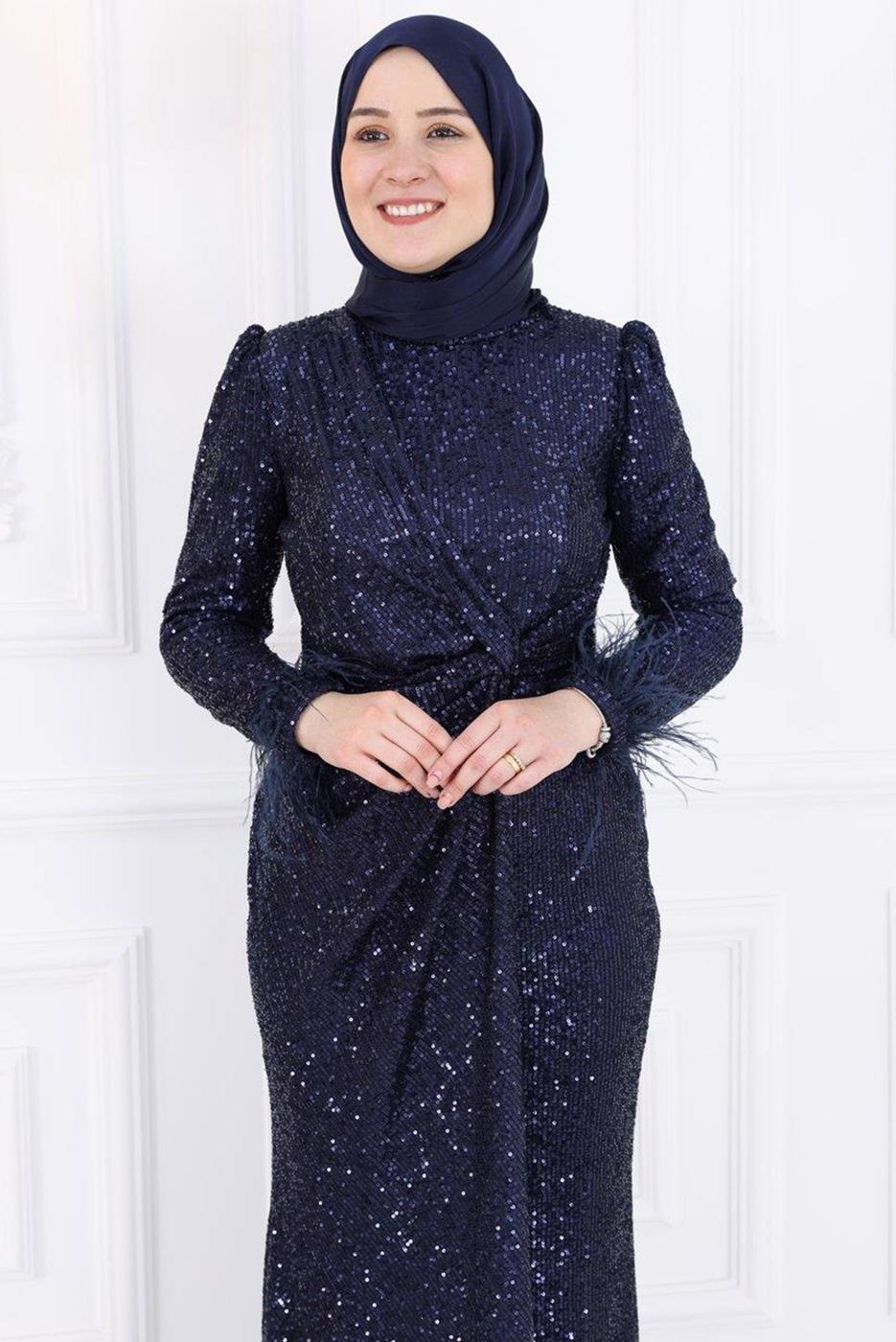 Tesettür giyim LACİVERT PUL PAYETLİ TESETTÜR ABİYE ELBİSE T 3953