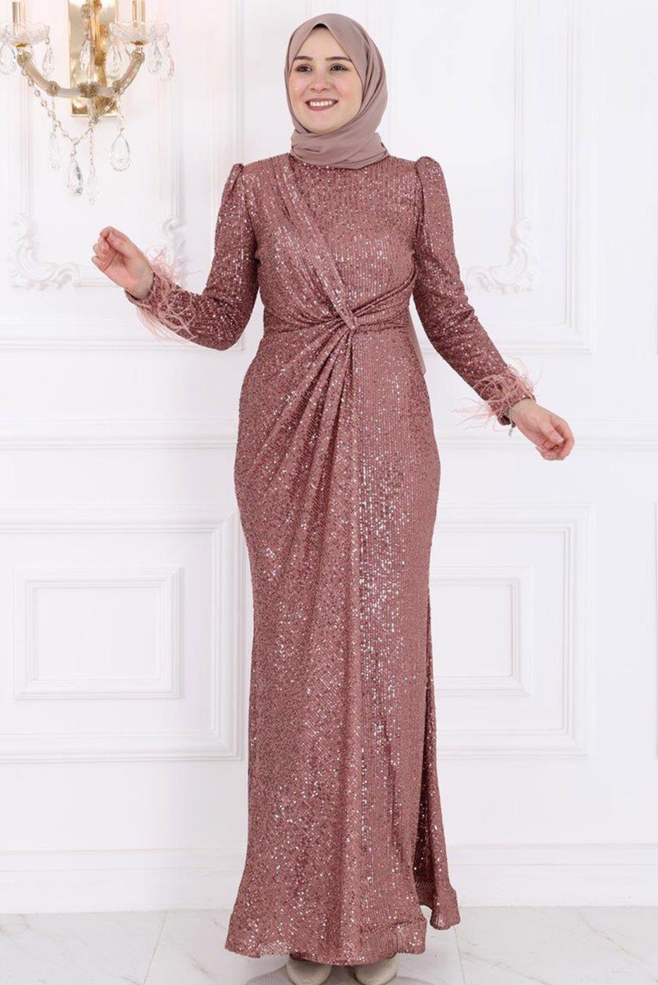 Vêtements hijab ROSE ROBE DE SOIRÉE MODESTE À SEQUINS T 3953
