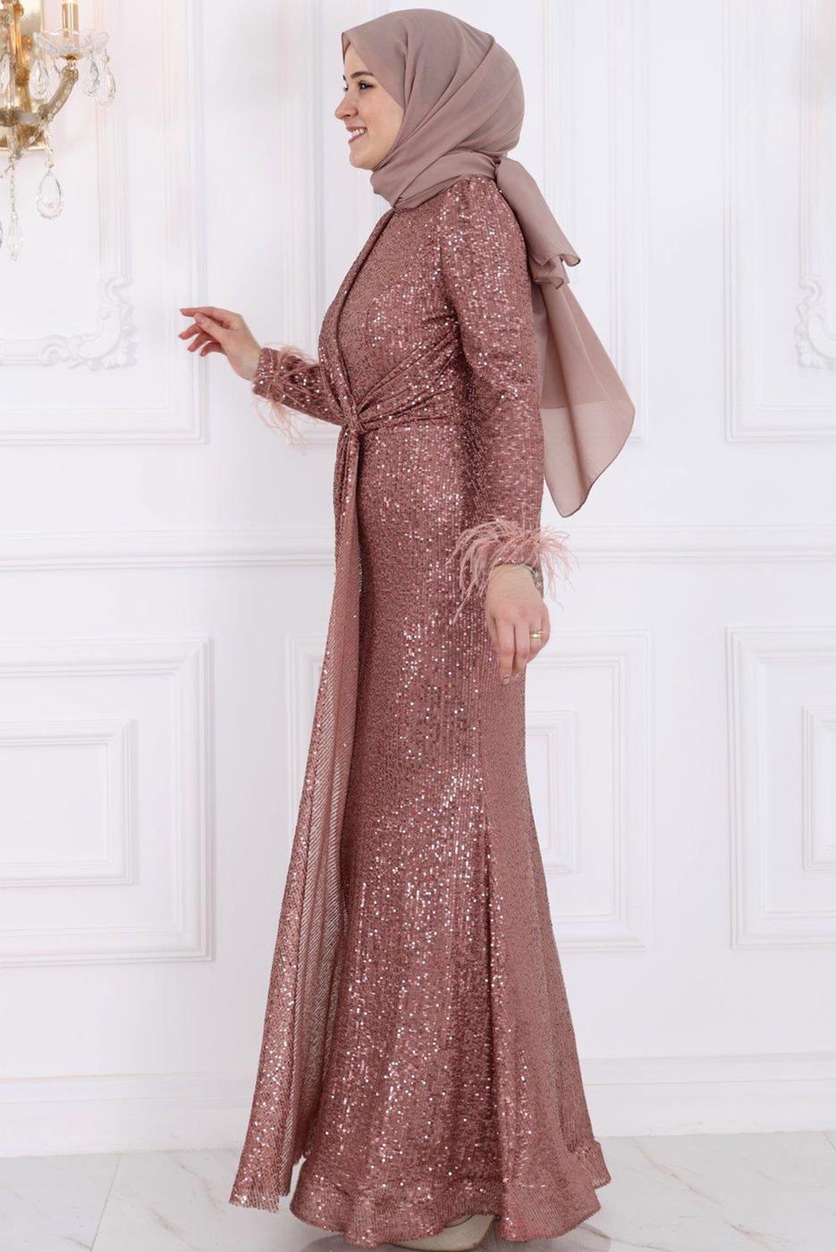 Vêtements hijab ROSE ROBE DE SOIRÉE MODESTE À SEQUINS T 3953